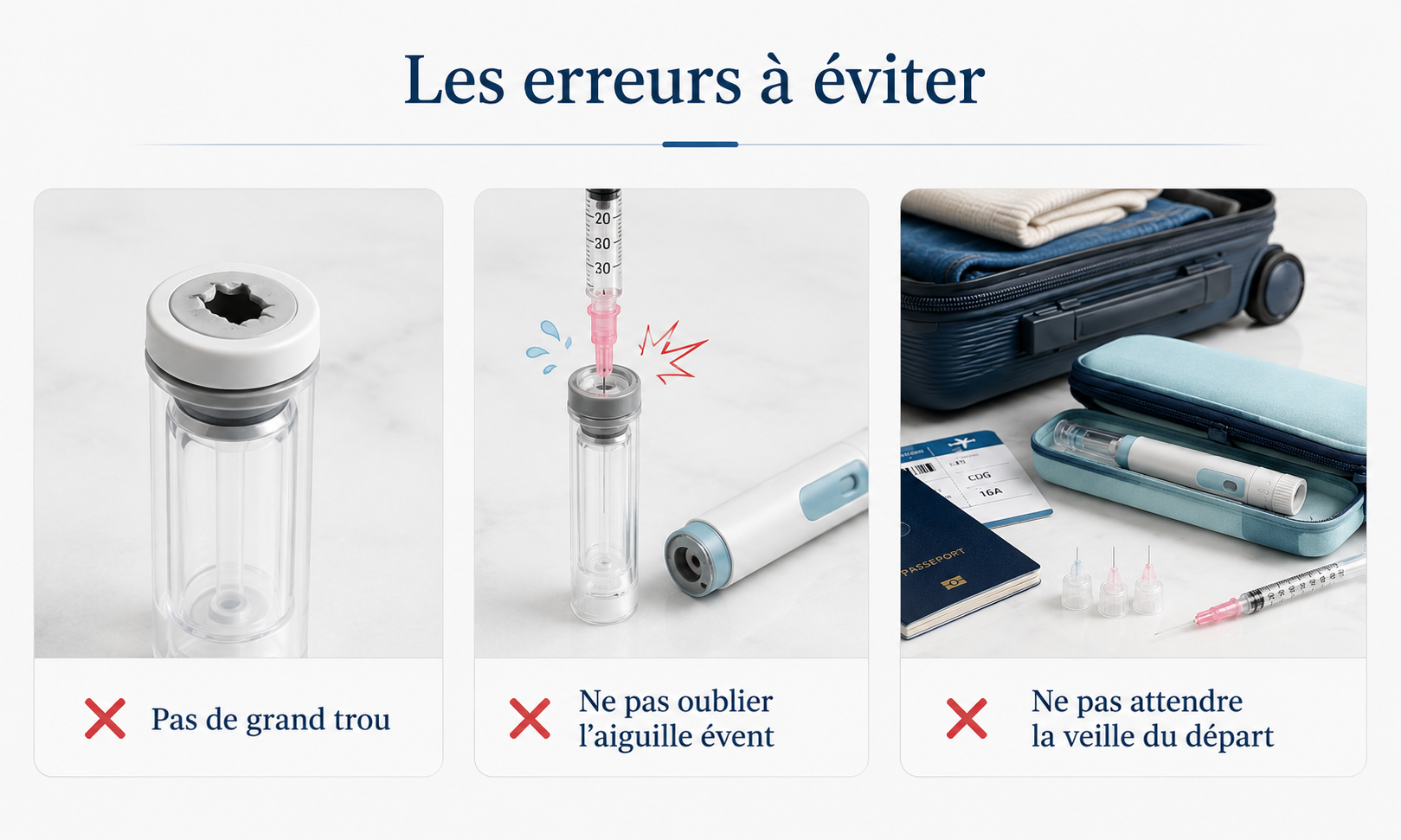 Les erreurs à éviter avec un stylo injecteur pour peptides : ne pas faire un grand trou, ne pas oublier l'aiguille évent, ne pas attendre la veille du départ