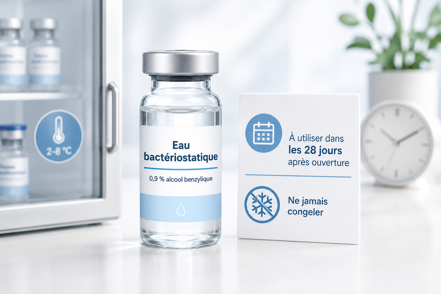 Asepsie et manipulation de l'eau bactériostatique avec seringue neuve et lingette désinfectante