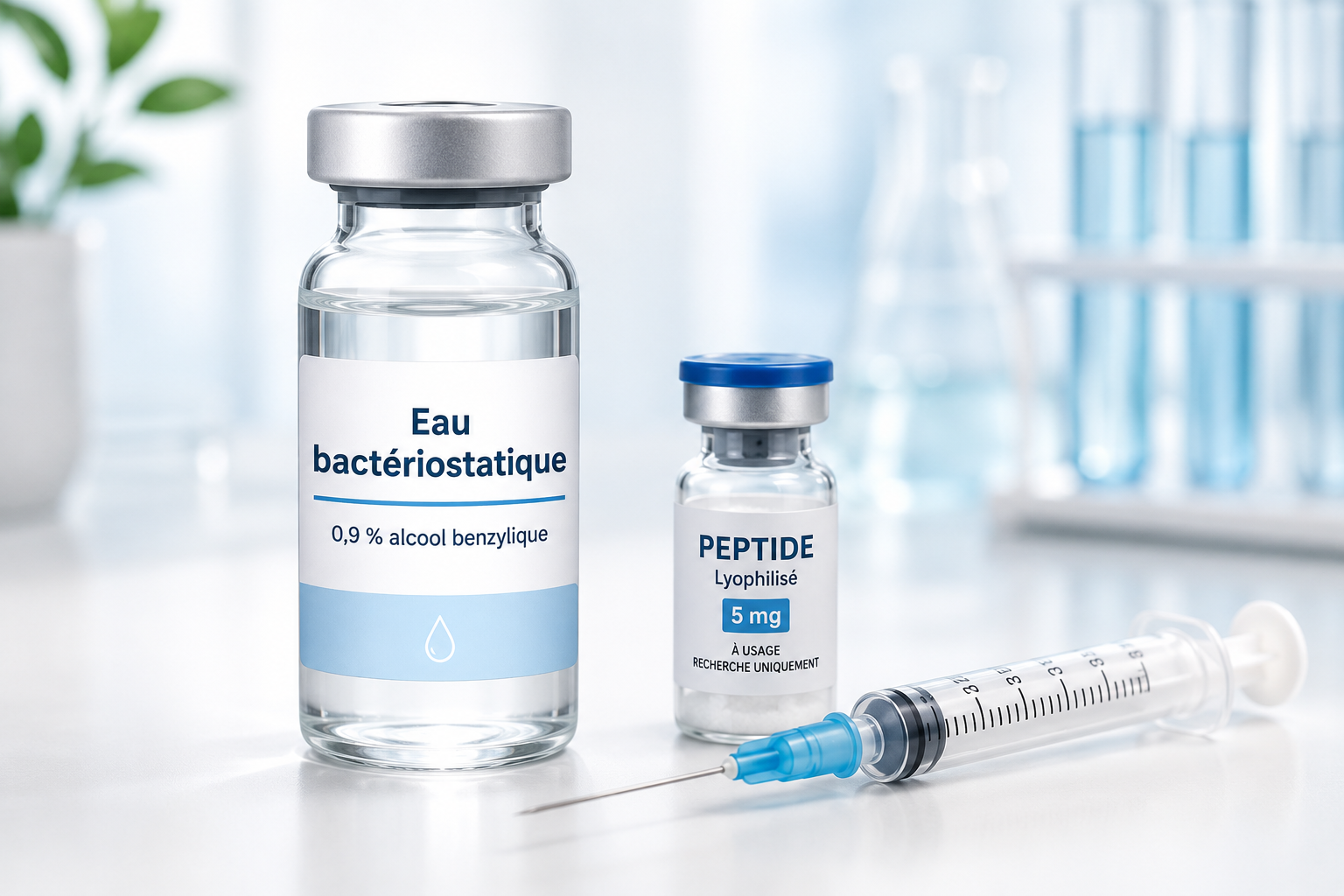Flacon d'eau bactériostatique avec bouchon métallique pour la reconstitution de peptides