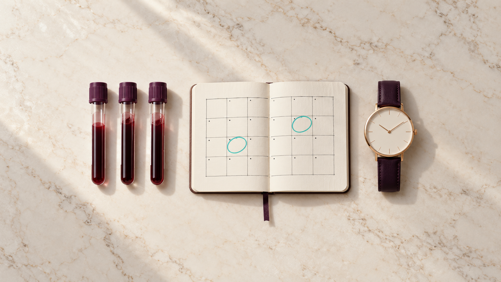 Tubes de prise de sang et calendrier du cycle pour le bilan hormonal de périménopause