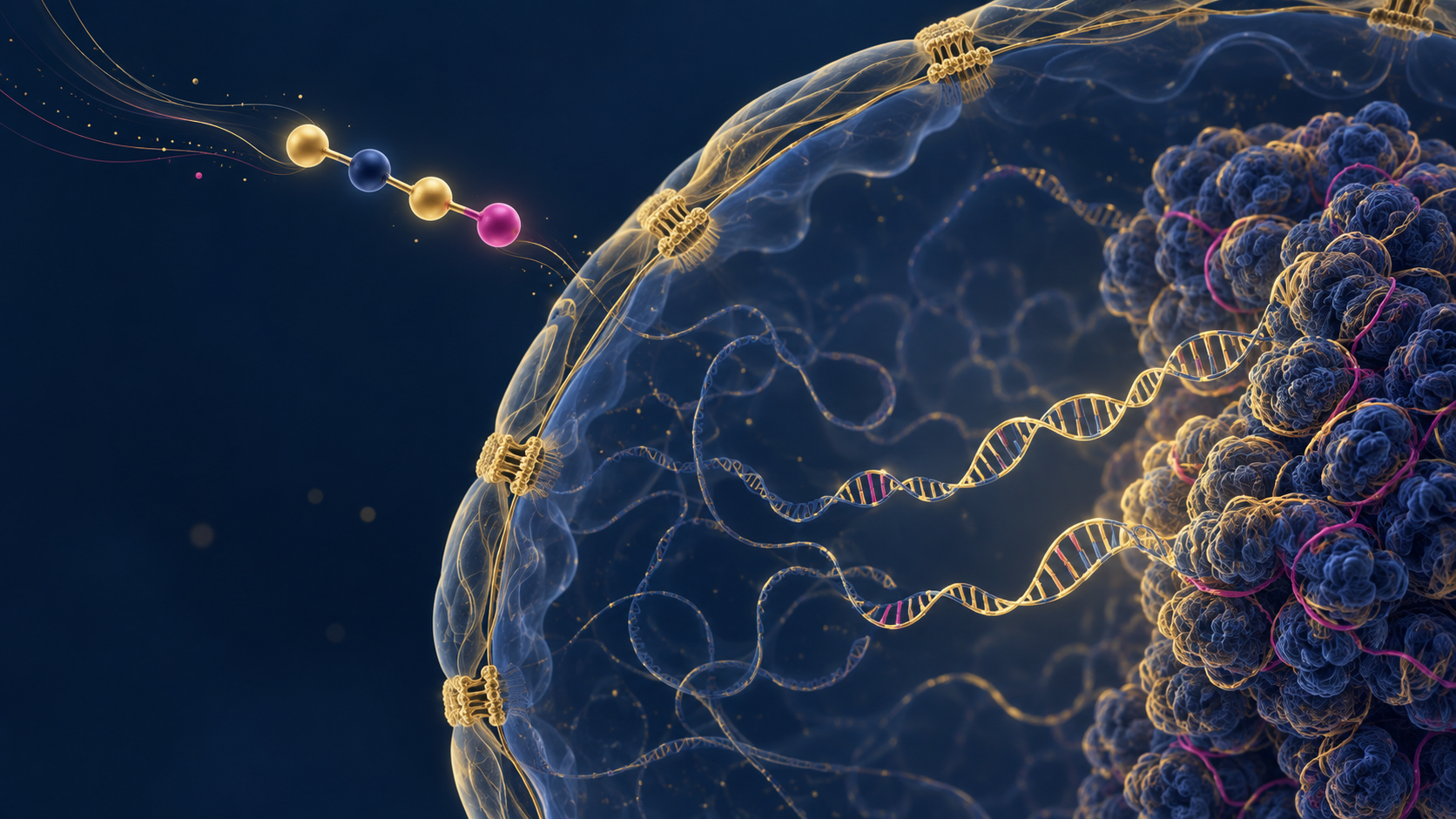 Le tétrapeptide Prostamax s'approchant du noyau d'une cellule dont l'ADN se décondense