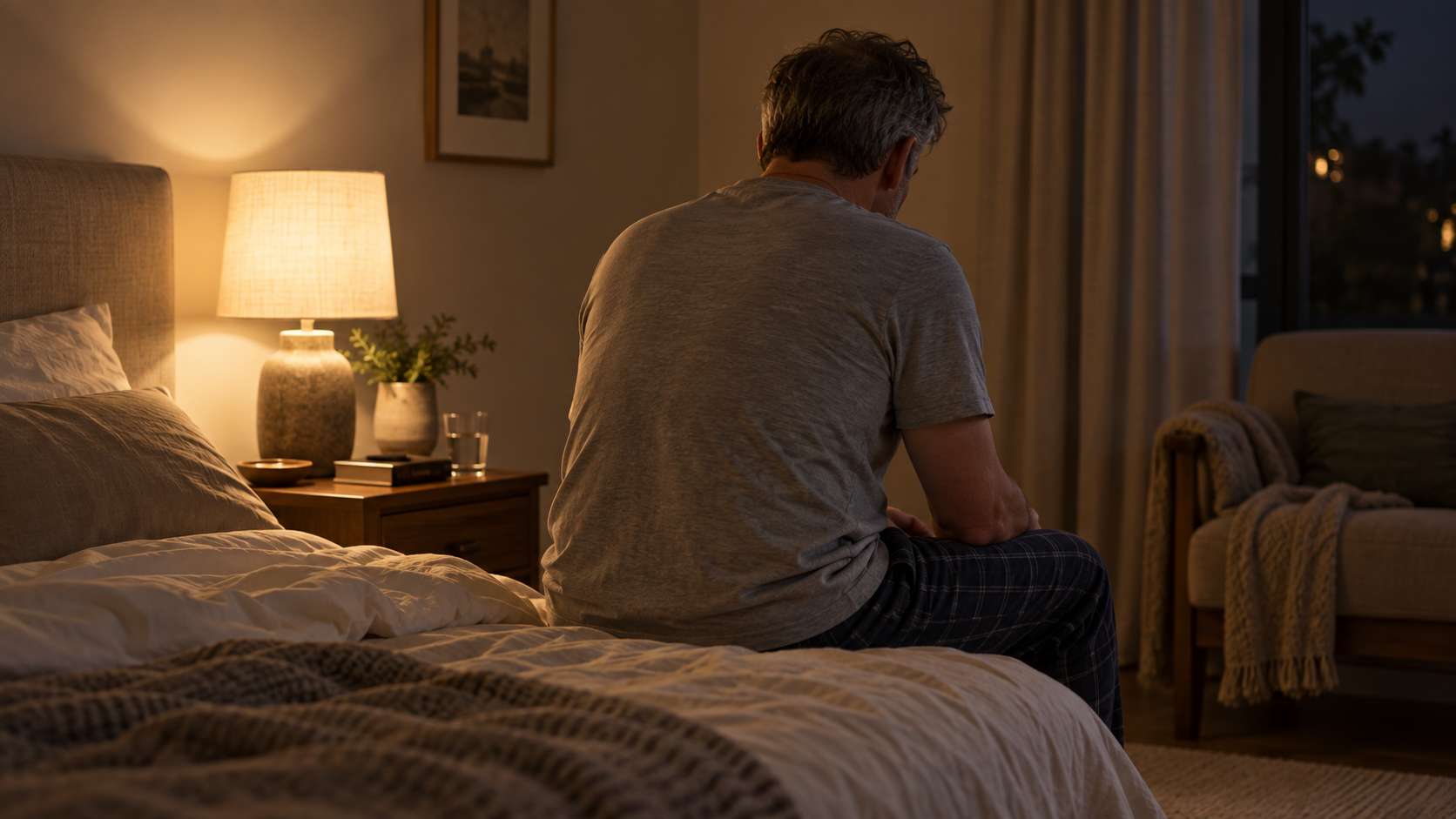 Homme de plus de 50 ans assis au bord du lit la nuit, réveillé par des envies d'uriner liées à la prostate