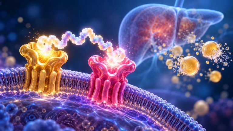 Mazdutide activant les récepteurs du GLP-1 et du glucagon à la surface d'une cellule, avec le foie en arrière-plan
