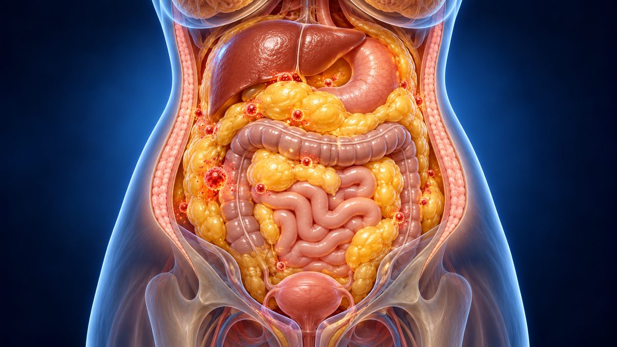 Illustration 3D de la graisse viscérale autour des organes de l'abdomen chez une femme à la ménopause