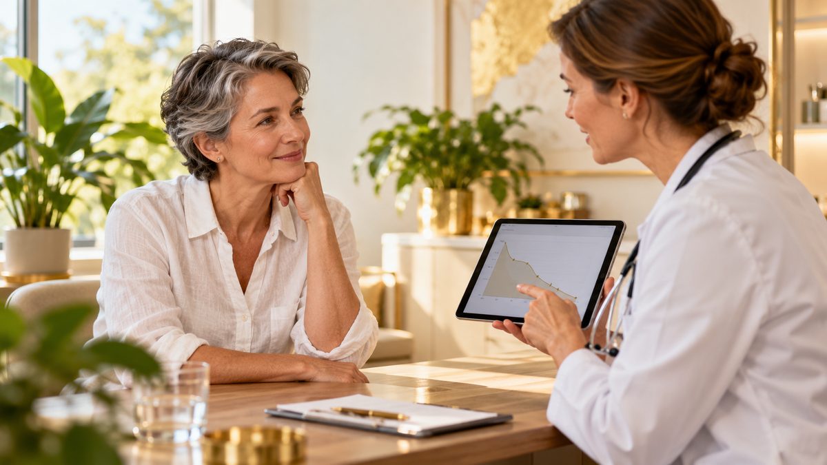 Femme de 50 ans discutant du mazdutide avec sa médecin qui lui montre une courbe de poids sur une tablette