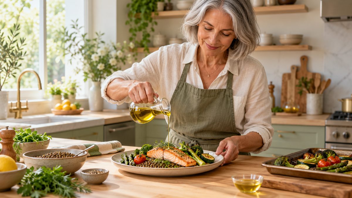 Femme de 55 ans préparant une assiette riche en protéines et légumes contre la graisse viscérale à la ménopause