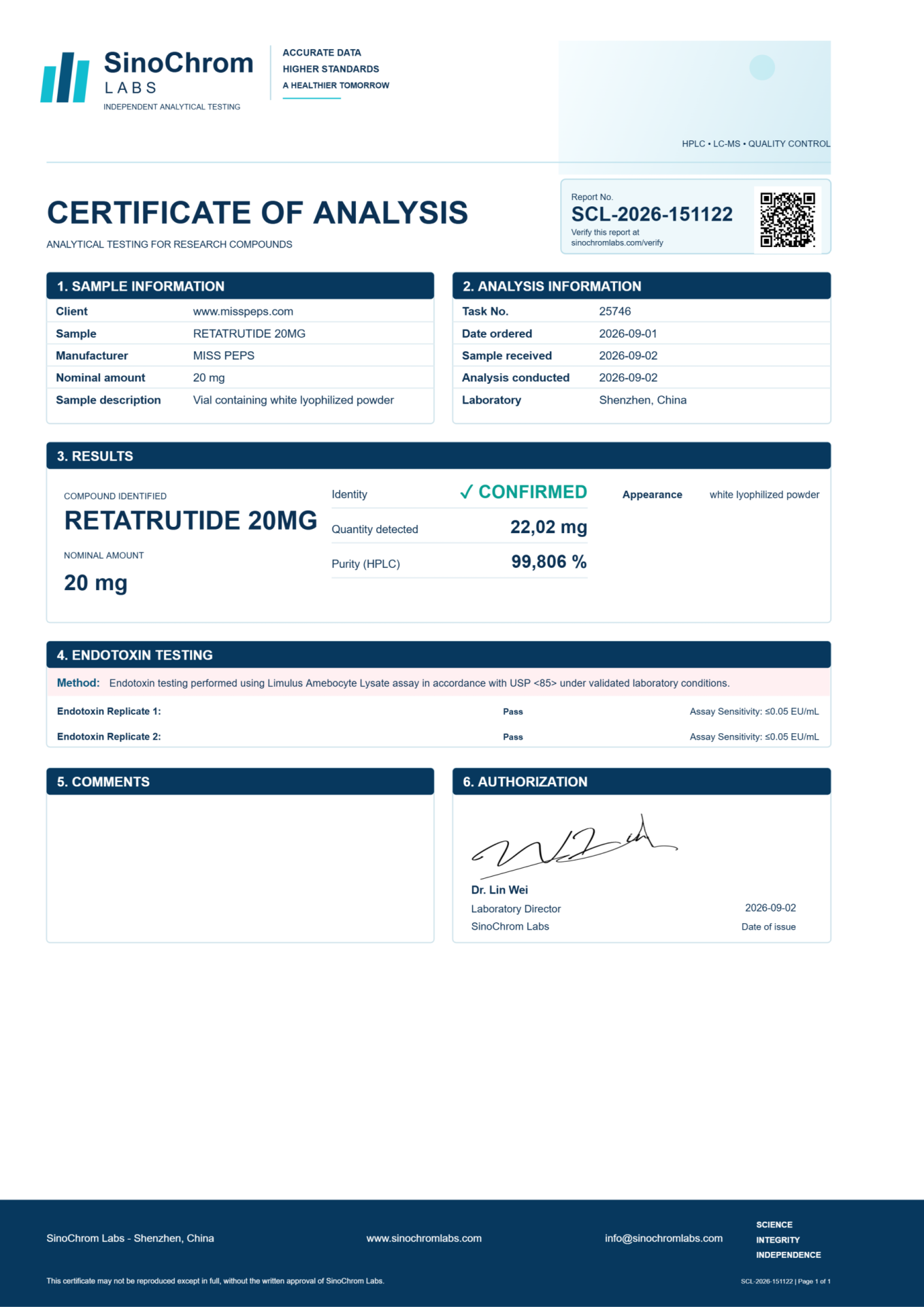 Certificat d'analyse (COA) de peptides Miss Peps réalisé par un laboratoire indépendant, pureté supérieure à 98 %