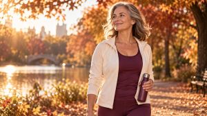 Âge biologique : femme de 52 ans en marche rapide dans un parc en automne
