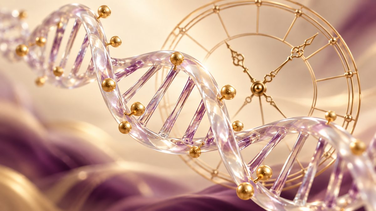 Âge biologique : illustration 3D de la méthylation de l'ADN et d'une horloge