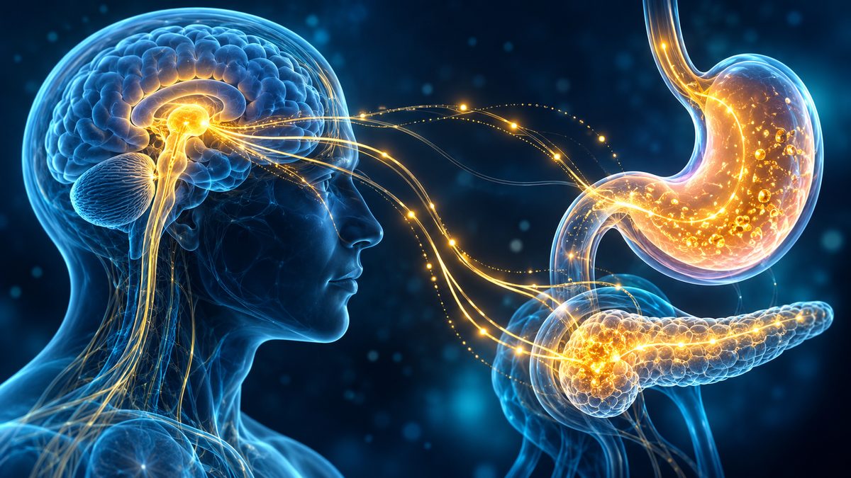 Arrêter un GLP-1 : signaux de satiété entre cerveau, estomac et pancréas, illustration 3D
