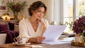 Bilan sanguin après 40 ans : femme lisant ses résultats d'analyses près d'une fenêtre