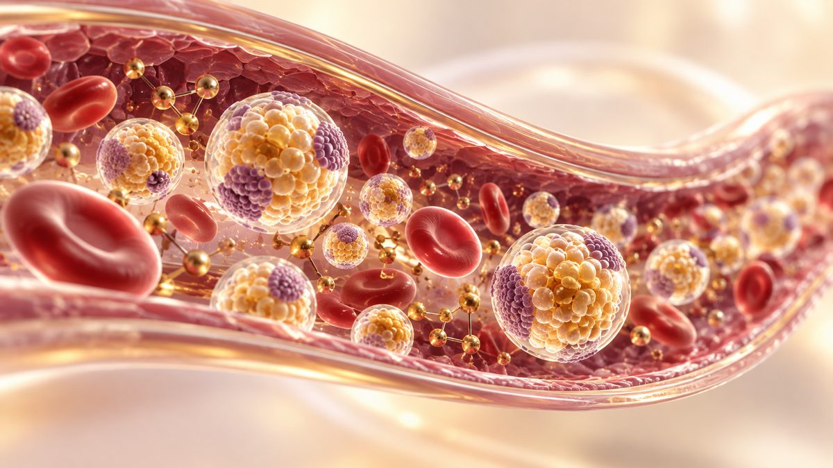 Bilan sanguin après 40 ans : illustration 3D de lipoprotéines et de globules rouges dans un vaisseau