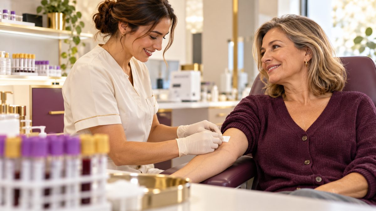Bilan sanguin après 40 ans : infirmière posant un pansement après une prise de sang