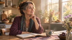 Brouillard mental après 50 ans : femme pensive à la table du petit-déjeuner, carnet ouvert et tasse de thé