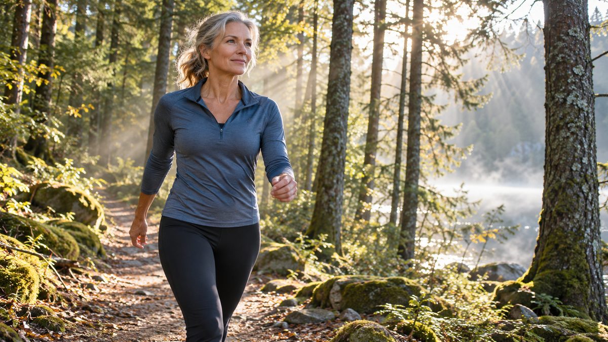 Brouillard mental après 50 ans : femme marchant d'un bon pas en forêt le matin