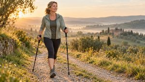 Endurance fondamentale : femme de 50 ans en marche nordique sur un chemin de campagne au lever du soleil