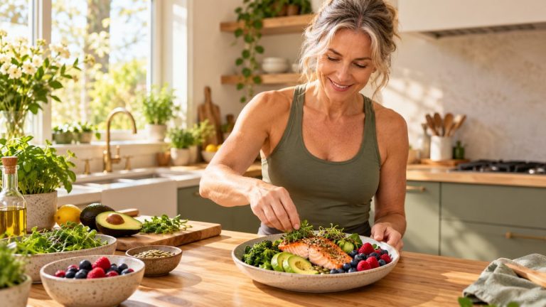 Inflammation chronique : femme de 50 ans préparant une assiette anti-inflammatoire avec saumon, légumes et baies