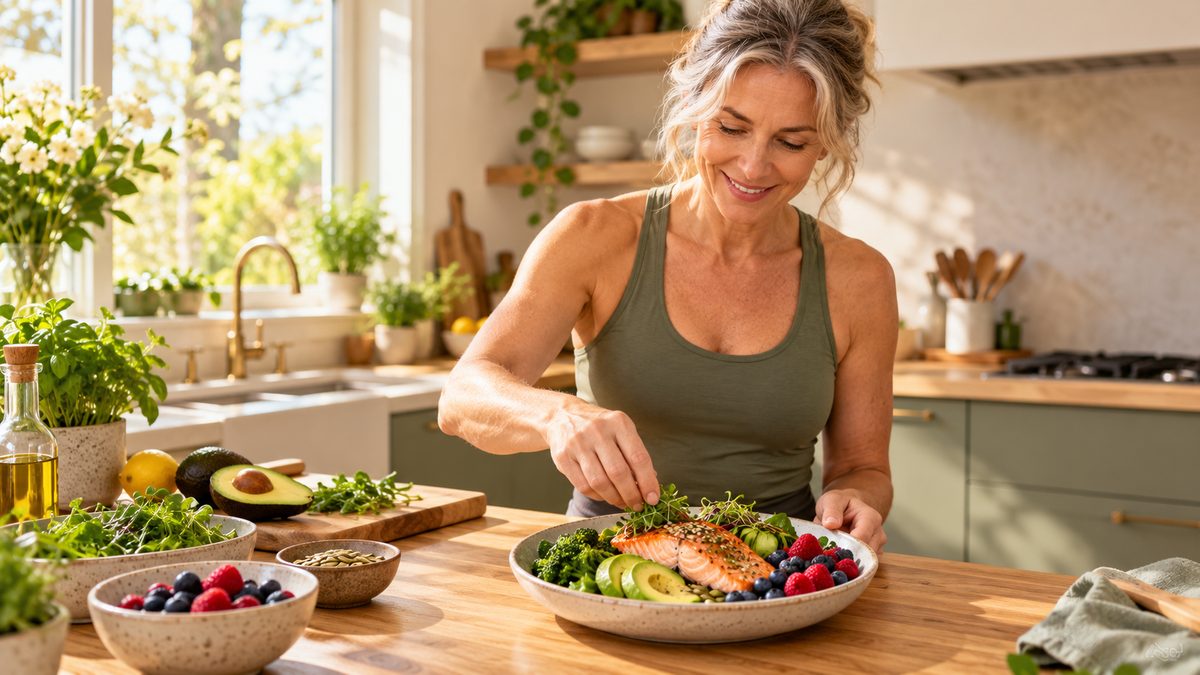 Inflammation chronique : femme de 50 ans préparant une assiette anti-inflammatoire avec saumon, légumes et baies