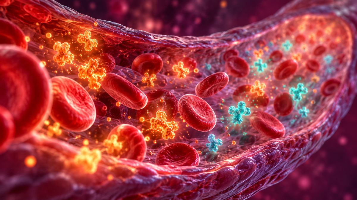 Inflammation chronique : illustration d'un vaisseau sanguin avec des cytokines inflammatoires qui s'apaisent