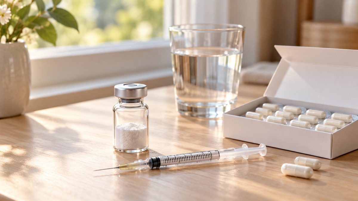 Injections de NAD+, NMN ou NR : fiole de poudre lyophilisée, seringue et gélules