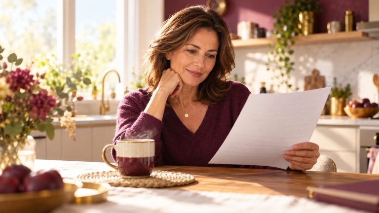 Insuline à jeun : femme de 48 ans lisant ses résultats d'analyses sanguines dans sa cuisine