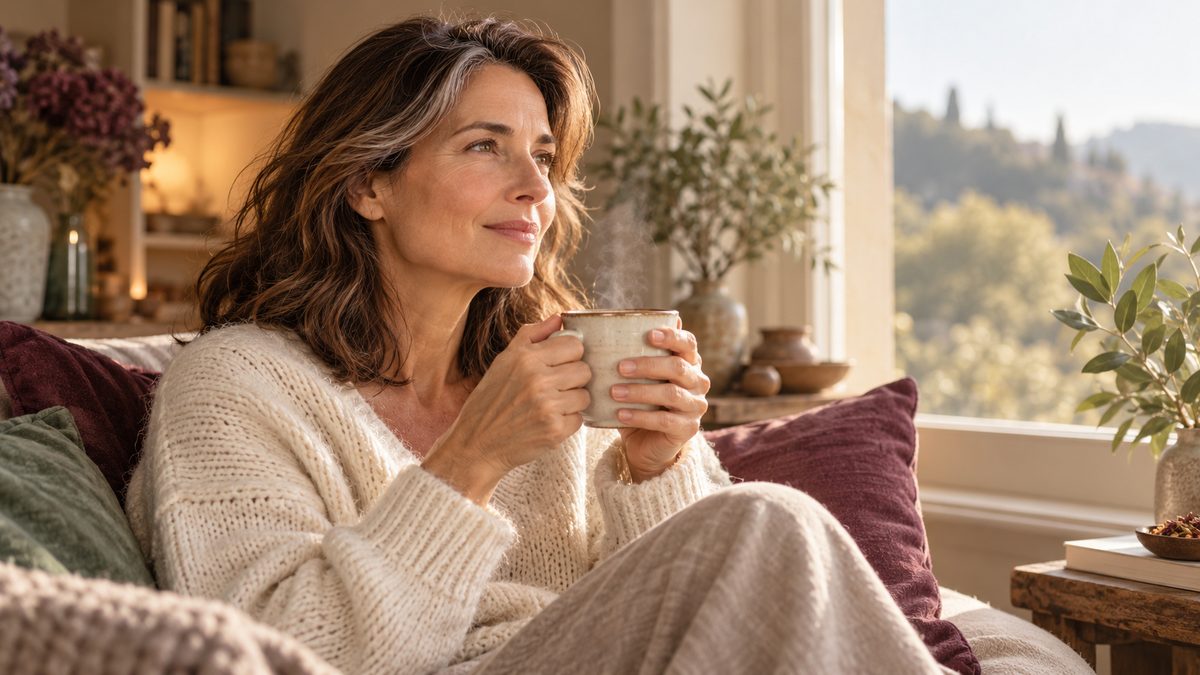 Femme de 50 ans sereine avec une tisane près d'une fenêtre, article peptides et maladies auto-immunes à la ménopause