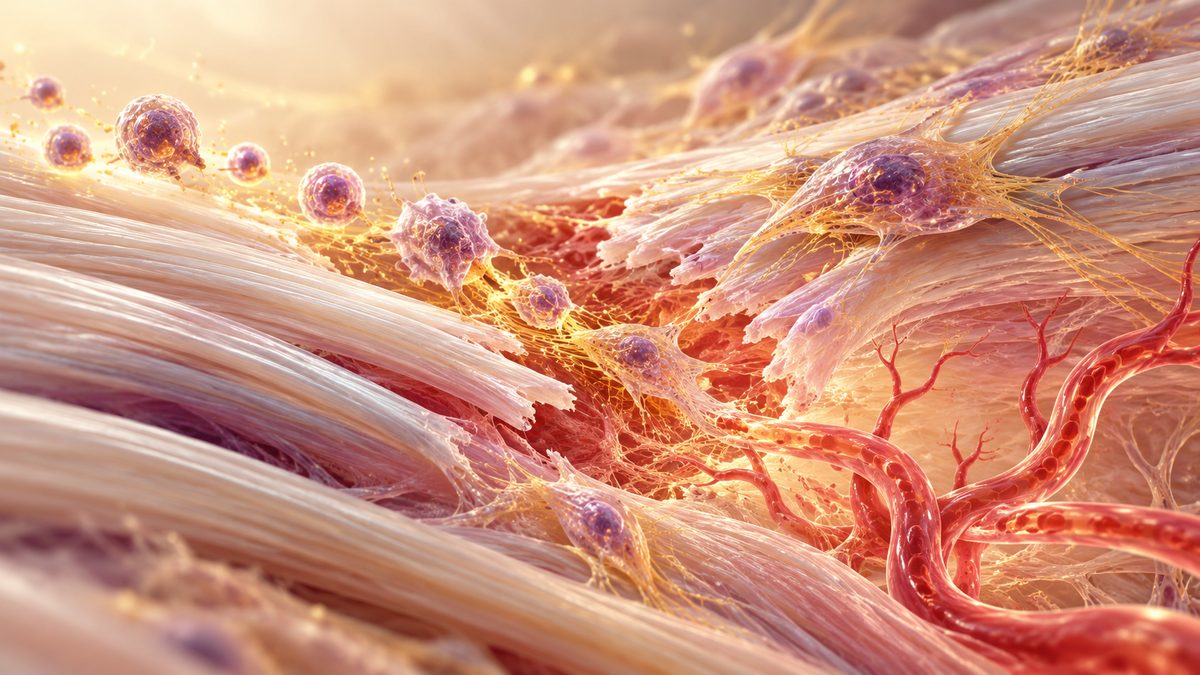 Posologie du TB-500 : illustration 3D de cellules réparant une micro-lésion de tendon