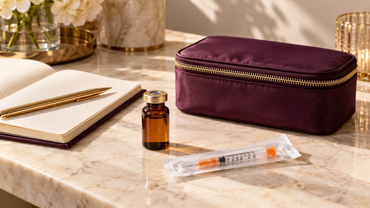 Posologie du TB-500 : flacon de peptide, seringue à insuline et trousse isotherme sur marbre