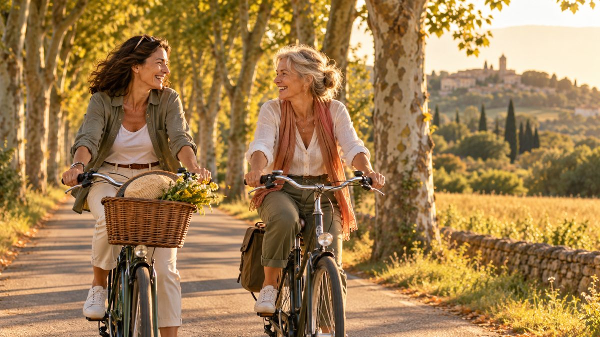 Protéine Klotho et exercice : deux femmes de plus de 45 ans à vélo sur une route bordée de platanes