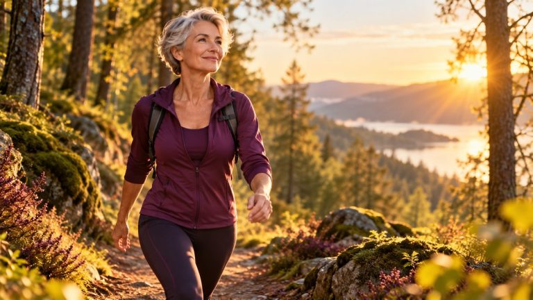 Protéine Klotho et longévité : femme de 52 ans aux cheveux argentés en marche rapide en forêt au lever du soleil