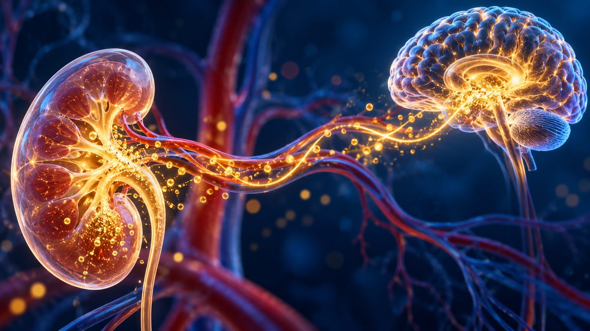 Protéine Klotho produite par le rein et circulant jusqu'au cerveau, illustration médicale 3D