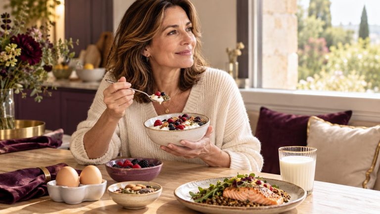 Femme de 48 ans savourant un petit-déjeuner riche en protéines après 40 ans : skyr, œufs et lait