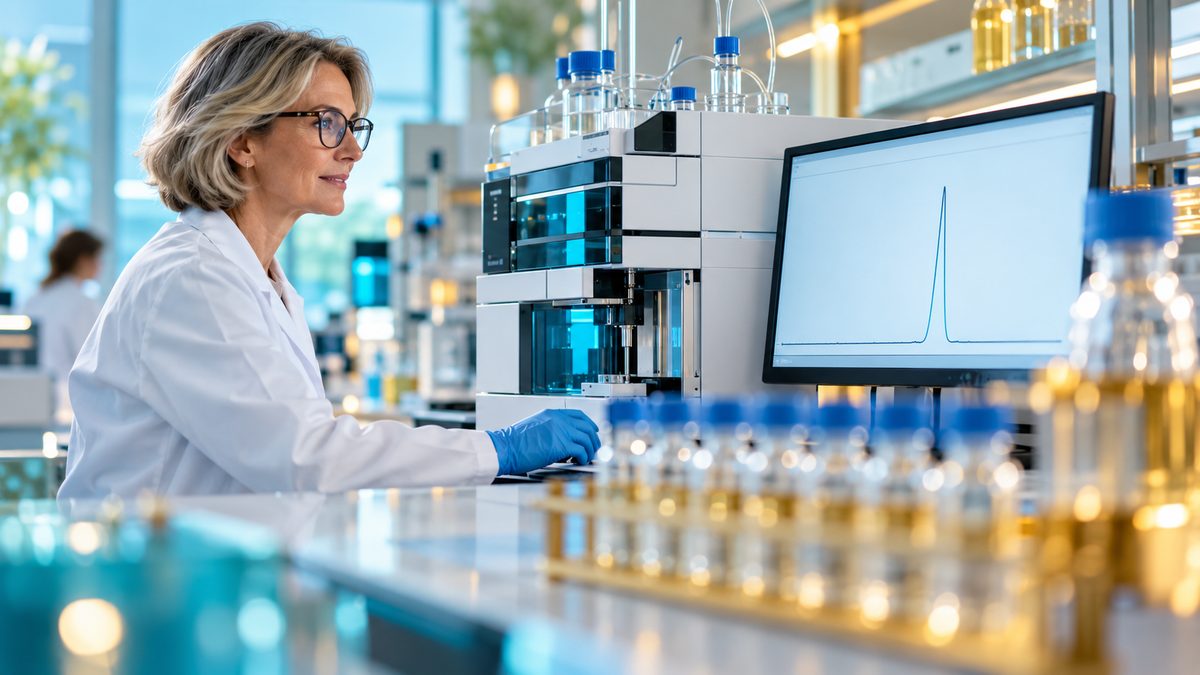 Qualité des peptides : scientifique analysant un peptide par chromatographie HPLC, un seul pic net