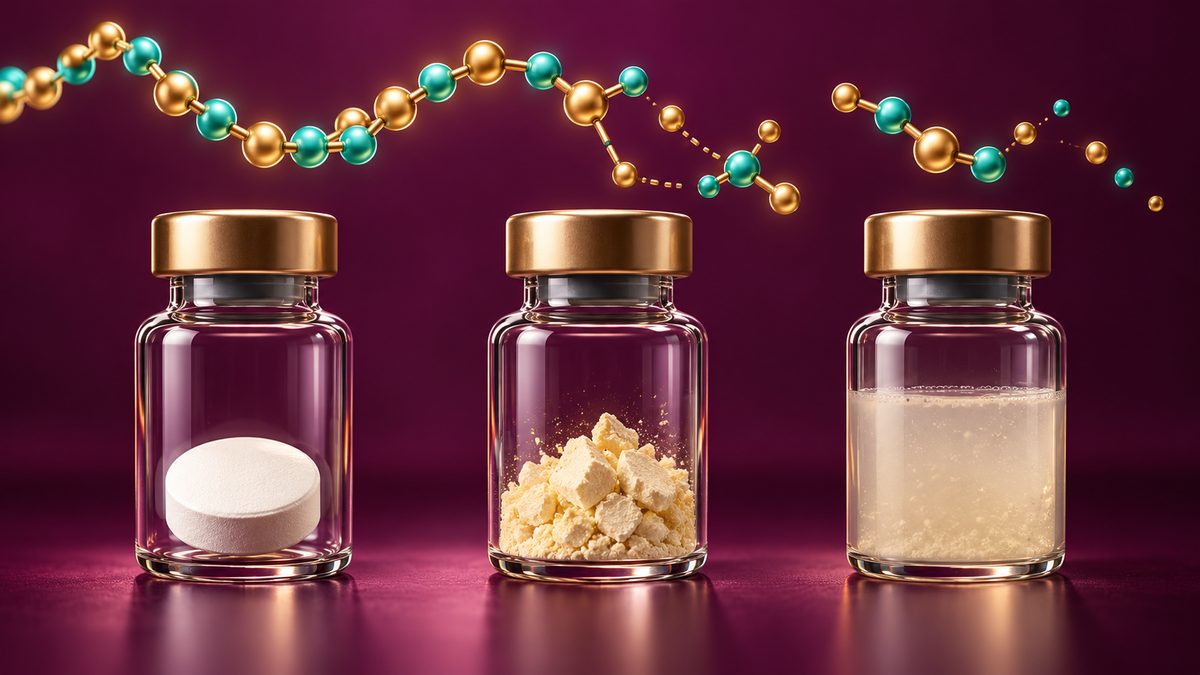 Qualité des peptides : trois fioles comparées, pastille intacte, poudre effondrée et solution trouble