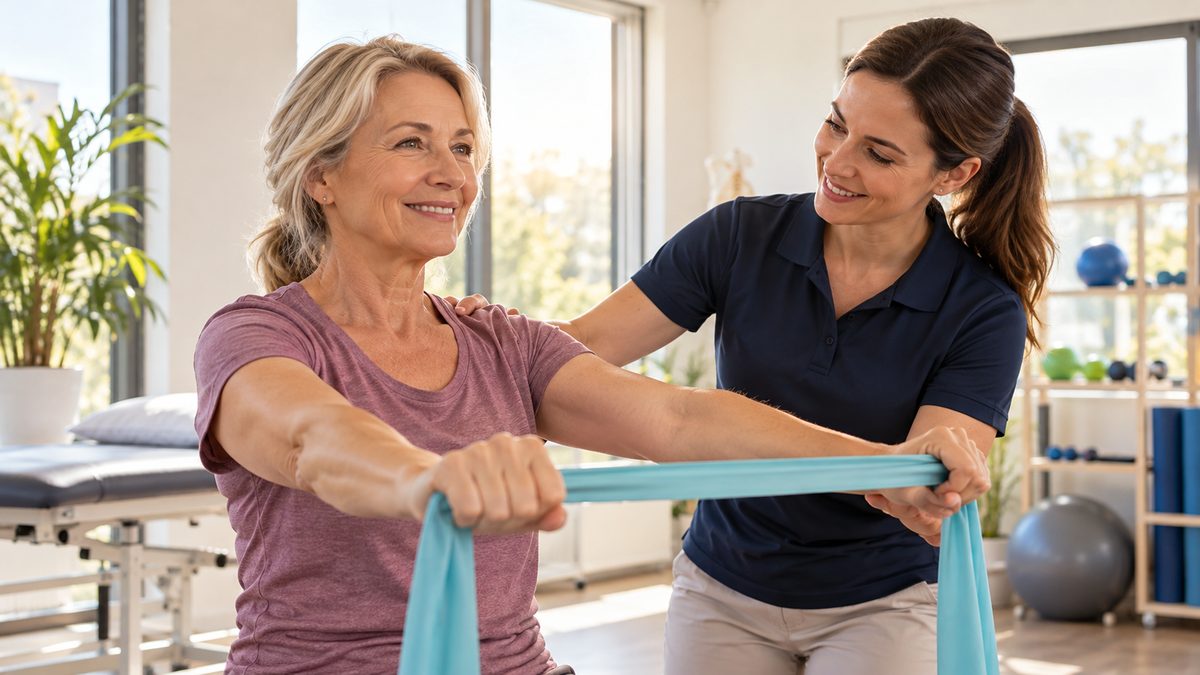 Récupération après une opération : rééducation douce avec une kinésithérapeute et un élastique