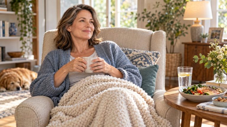 Récupération après une opération : femme de 50 ans au repos à la maison, plaid et repas protéiné