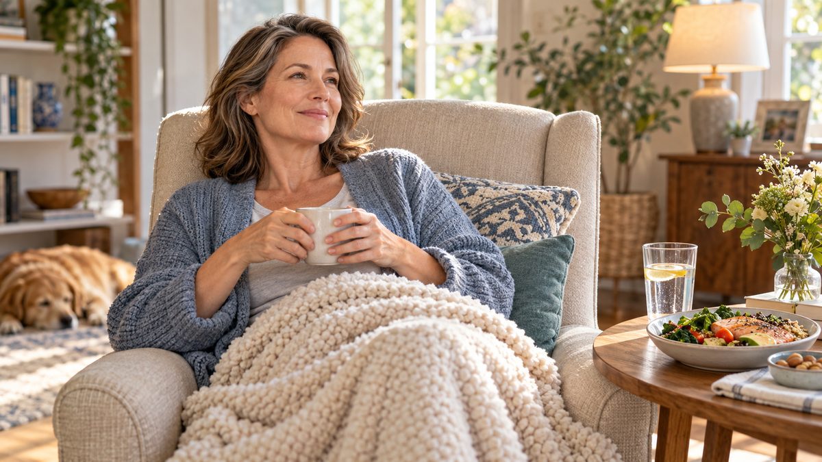Récupération après une opération : femme de 50 ans au repos à la maison, plaid et repas protéiné