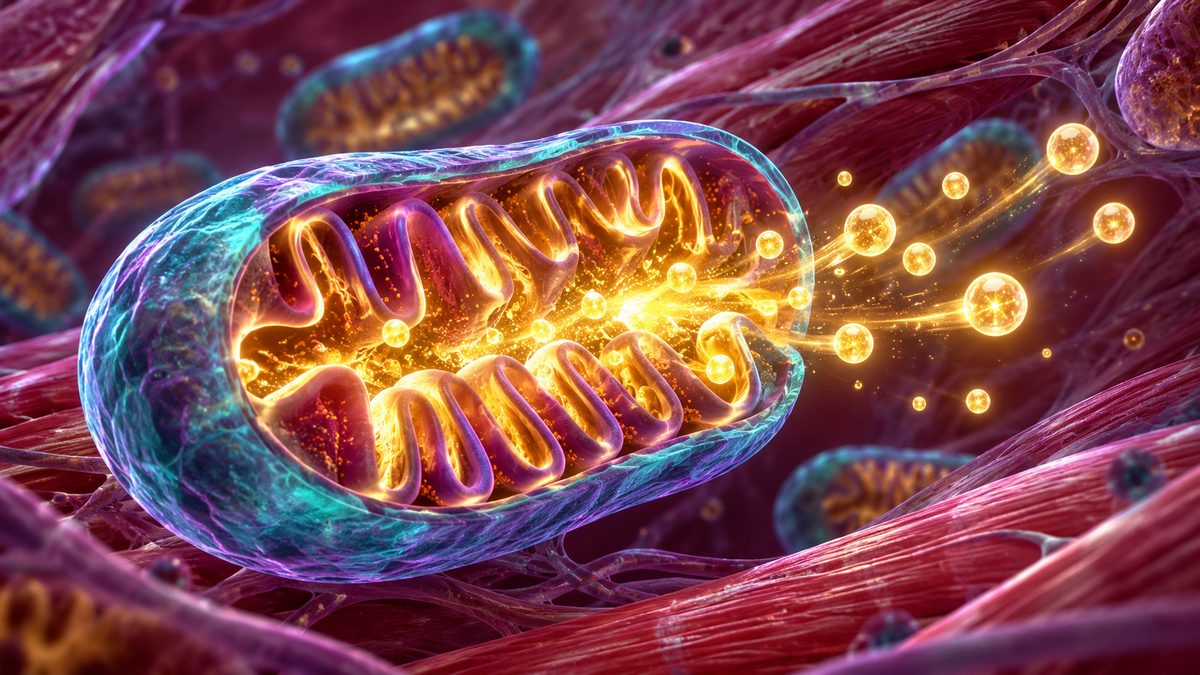 Santé mitochondriale : mitochondrie en 3D produisant de l'énergie dans une cellule musculaire