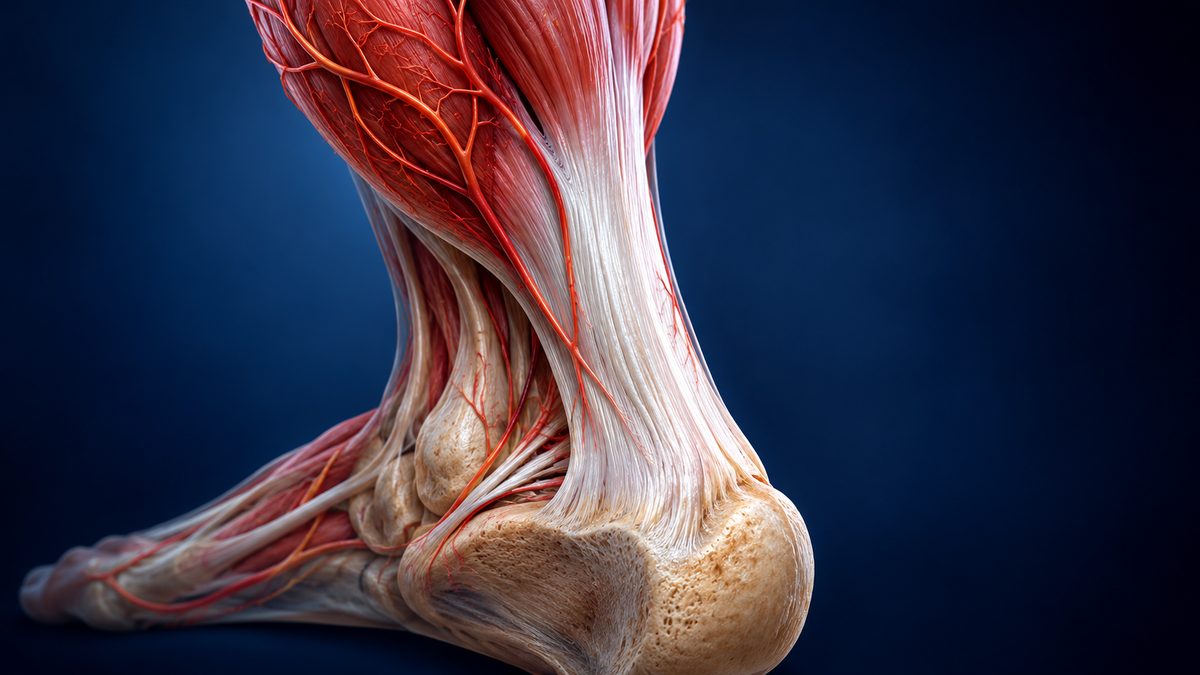 Tendon d'Achille aux fibres de collagène nacrées, très peu irrigué comparé au muscle du mollet
