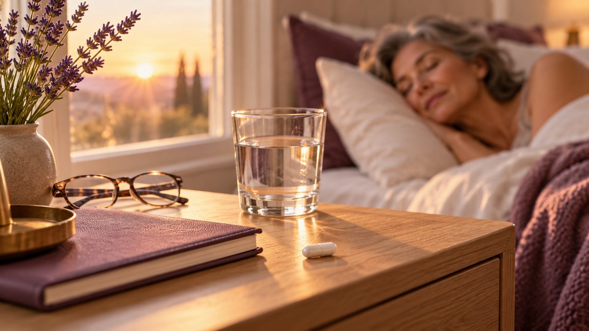 THS et sommeil : progestérone micronisée prise au coucher sur une table de chevet, femme endormie paisiblement