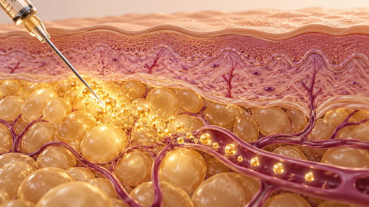 Illustration 3D d'une injection sous-cutanée, voie d'administration des peptides de référence